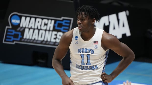Mar 19, 2021; West Lafayette, Indiana, USA; North Carolina Tar Heels forward Day'Ron Sharpe (11) reacts during the second half against the Wisconsin Badgers in the first round of the 2021 NCAA Tournament at Mackey Arena. Mandatory Credit: Mike Dinovo-USA TODAY Sports